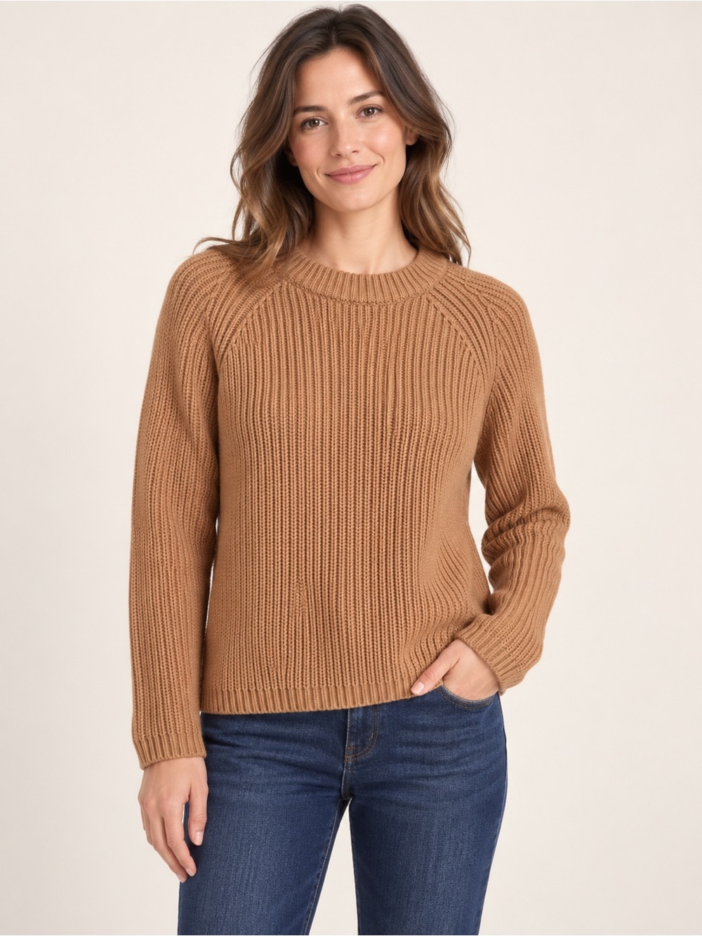 Quince Camel Ribbed Fisherman Knit Crewneck Sweater